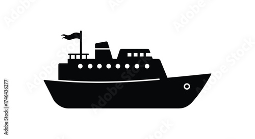 Silhouette of a cruise ship with flag sailing on water representing travel and vacation transport silhouette