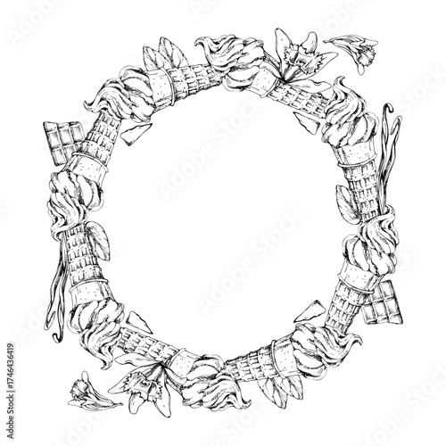 Soft serve in waffle cone with chocolate chips, mint leaves, vanilla flowers and seed pods hand drawn in ink. Vector graphic wreath frame line illustration. Chilled product art, dessert wrap design