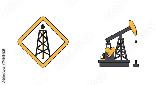 Oil well warning sign and pumping jack illustration energy industry symbols