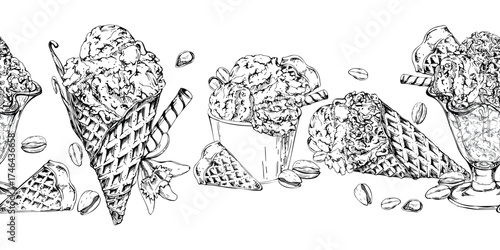 Nuts topping on gelato scoops serves in paper cup, glass bowl or waffle cone, vanilla flower pods. Vector graphic seamless banner border hand drawn in pen and ink. Dessert package, blog background