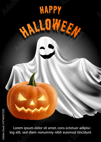 Halloween holiday poster with scary ghost and Jack o' lantern, wording of event on black background. Halloween greeting card in vector design.