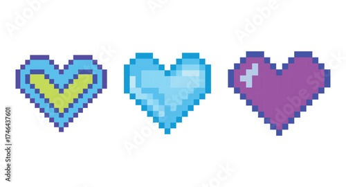 Pixel Heart Collection Vector Illustration. Colorful pixel heart vector illustration featuring blue, yellow, and pink designs. Ideal for digital graphics, game design, and y2k projects