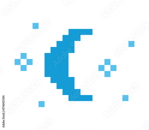 Pixel Art Crescent Moon with Stars Isolated Vector Illustration. This vector illustration highlights geometric shapes and retro aesthetics, perfect for digital or print media projects.