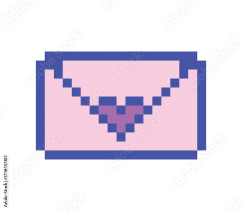 Pixel art vector illustration of a pink envelope with a purple heart. This nostalgic and colorful design captures the charm of retro graphics, suitable for vintage or romantic themes