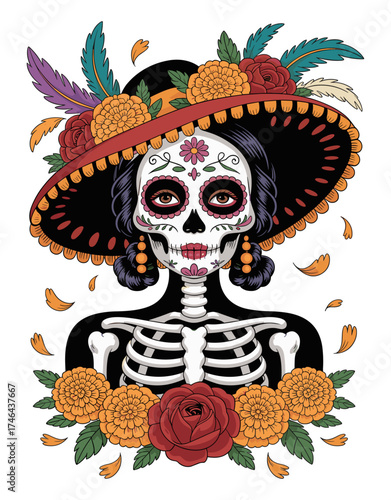 Flat vector illustration of La Catrina, ornate skeleton of Day of the Dead art, wearing a floral Victorian hat with marigolds and roses. Elegant face paint and drifting petals on white background