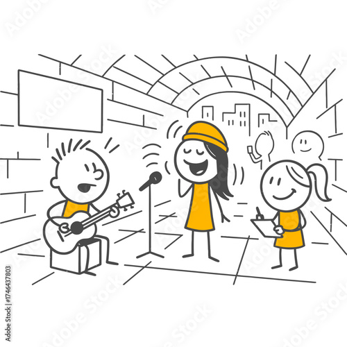 Vibrant and Energetic Group Members Singing Live with Guitar Accompaniment in an Intimate Venue Under Arched Walls.