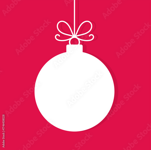 Christmas ball hanging ornament on red background. White Christmas bauble with copy space for design. Vector illustration.