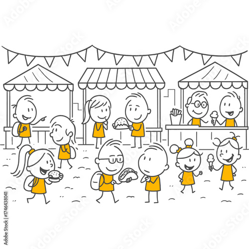 A Crowd Socializing and Enjoying Delicious Snacks by Visiting Different Food Stalls at an Outdoor Food Festival.