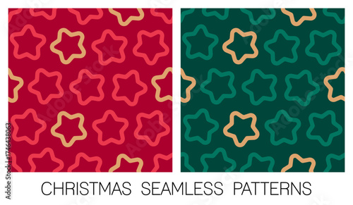 Set of red and green star seamless pattern for christmas and new year background.