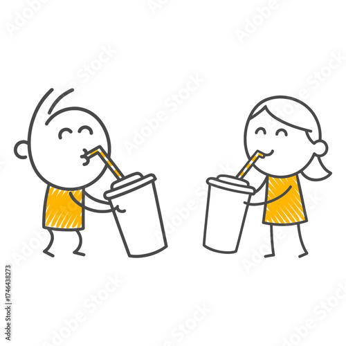 Two Friends Cooling Off and Chatting While Drinking Large Cold Beverages with a Straw During a Hot Day or a Break from Intense Work.