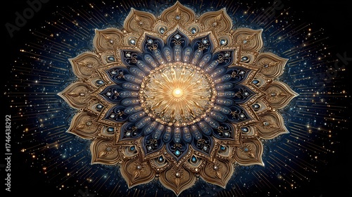 Ornate Mandala with Radiant Sun and Cosmic Background Design