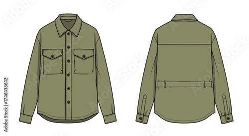 Technical illustration of a neutral toned long sleeved button down shirt design