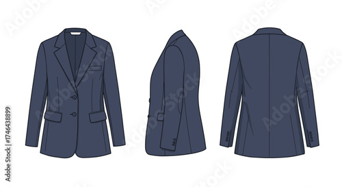 Technical fashion illustration of a classic navy blue women s blazer