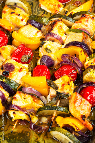 BBQ Salmon and Vegetable Kabobs.