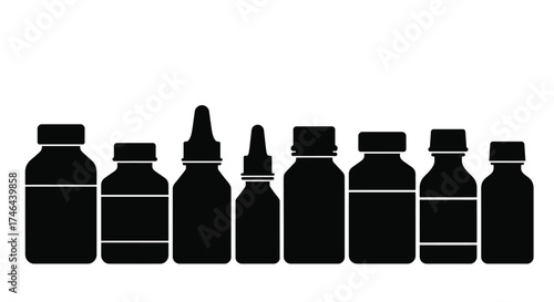 A collection of various black silhouette bottles in a linear arrangement