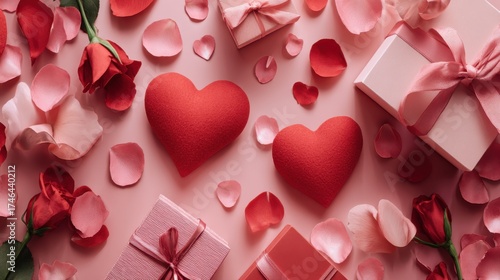 Beautiful composition with engagement ring and rose flowers on red background. Valentine's day celebration
