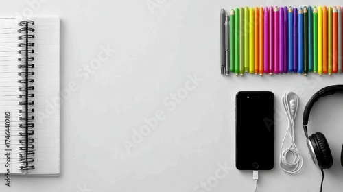 Office desk table with laptop,smart phone,pen,headphone,notebook and cup of coffee.Flat lay photo.Top view with copy space.Office supplies and gadgets on desk table.Working desk table