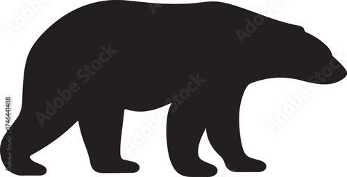 Simple black silhouette of a polar bear walking forward on white background