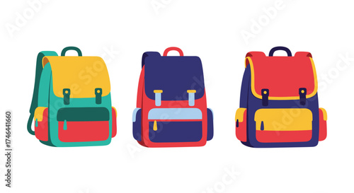A colorful assortment of three backpacks for everyday use.
