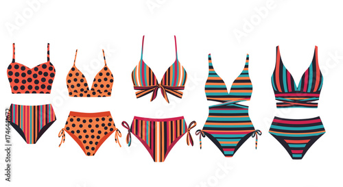A collection of women's swimwear in various patterns and styles.