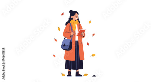 A young woman dressed for fall carries a book and a bag, surrounded by falling leaves.