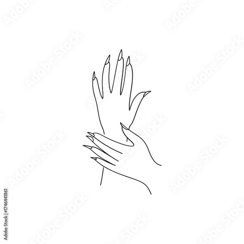 Elegant continuous line drawing of two hands touching with delicate fingers and long nails