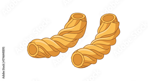 Two pieces of cavatappi pasta twisted shape food.