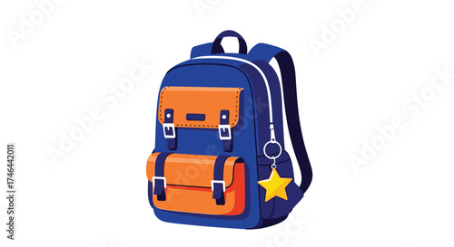 A blue and orange backpack with a star charm.