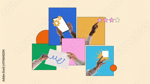 Colorful composition of hands using tablet smartphone and rating stars for digital creativity concept. Concept of innovation, design, user experience for marketing, education, and technology visuals. © master1305