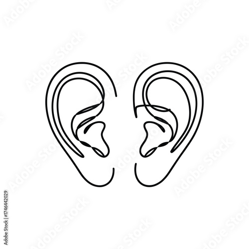 Minimalist continuous line drawing of two human ears facing forward on white background