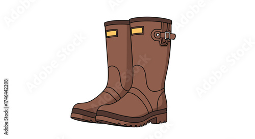 A pair of brown rubber boots for outdoor activities.