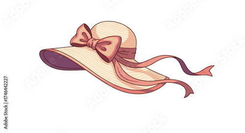 A stylish wide brim straw hat adorned with a delicate pink ribbon bow and trailing ribbons for elegant sun protection.