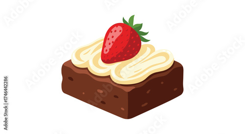 A delicious chocolate brownie topped with cream and a fresh strawberry.