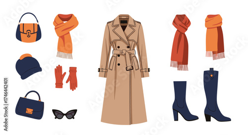 A collection of stylish autumn winter fashion accessories and clothing items.