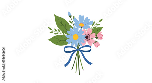 A beautiful bouquet of blue and pink flowers tied with a blue ribbon.