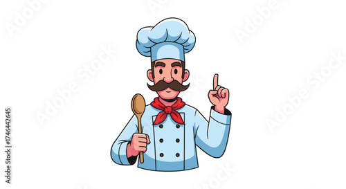 A friendly cartoon chef with a mustache holds a wooden spoon and points up.
