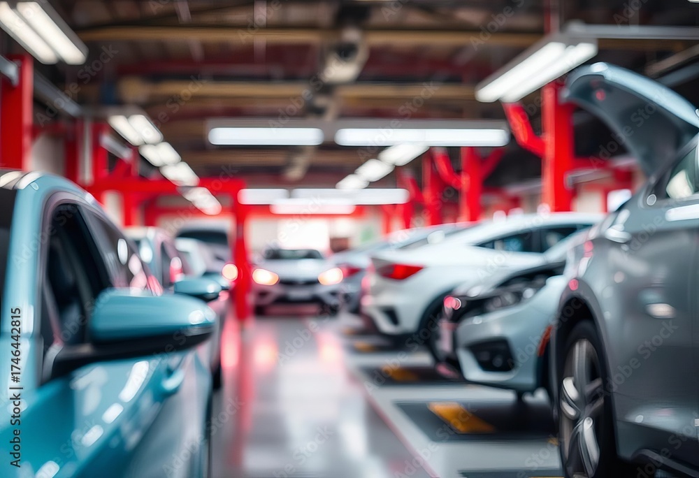 Obraz premium Blurred background of a busy auto repair shop with cars undergoing body paint work, detailing, modern cars