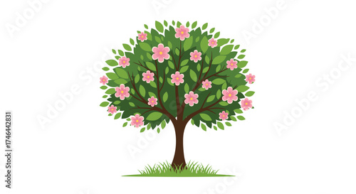 A beautiful green tree with pink blossoms in full bloom.