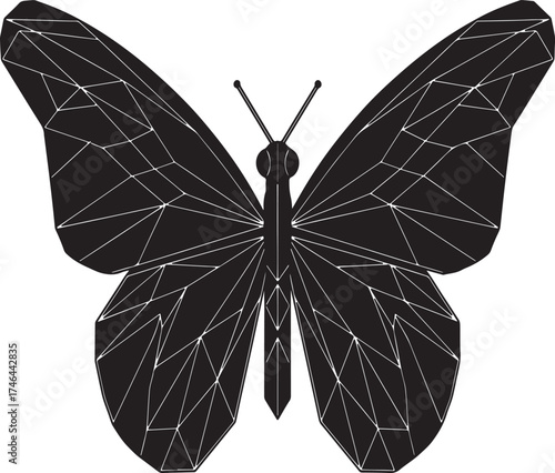 Geometric abstract butterfly illustration with vibrant teal purple and yellow hues isolated on transparent background.