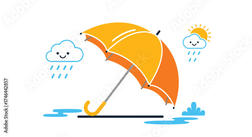 An orange umbrella protects from the rain under a smiling sun.