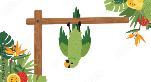 A playful parrot hanging upside down from a perch surrounded by tropical foliage.