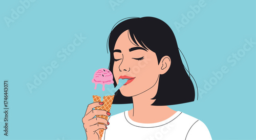A woman enjoying a sweet strawberry ice cream cone on a bright day.