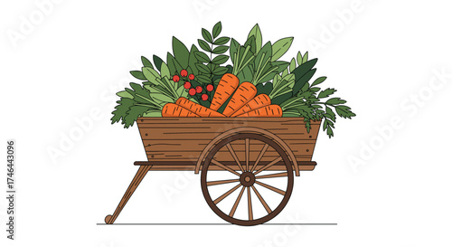 A wooden cart filled with freshly harvested carrots and leafy greens.