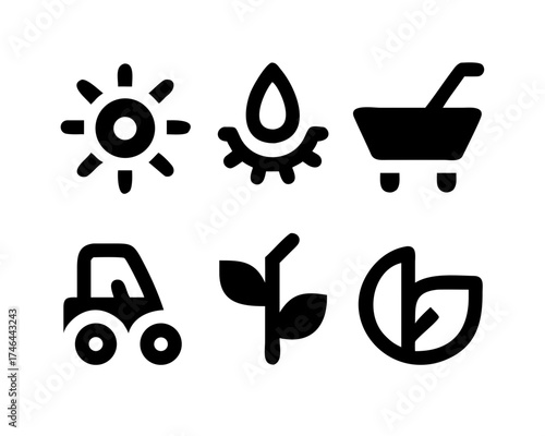 Agriculture icons featuring sun, water drop, cart, tractor, and plant growth