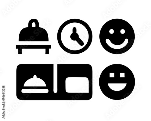 Black and white icon set featuring restaurant, clock, and smiley faces