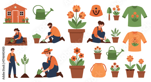 A collection of gardening related illustrations for spring and summer activities.