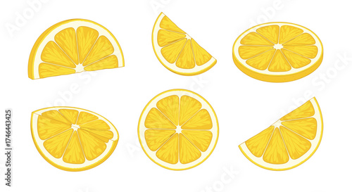 A collection of vibrant yellow lemon slices arranged on a white background.