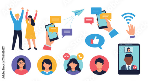 People connecting and communicating through mobile devices and social media interactions.