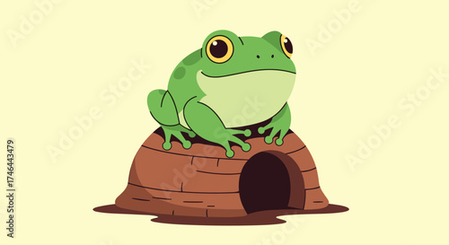 A cute green frog sits on a small mushroom house.