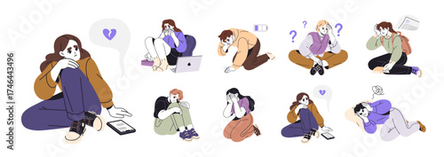 Set of depressed people with problems. Lonely and sad teenagers suffering from abuse, school grades, breakups. Stressed, anxious and sad characters cry. Flat isolated vector illustrations on white